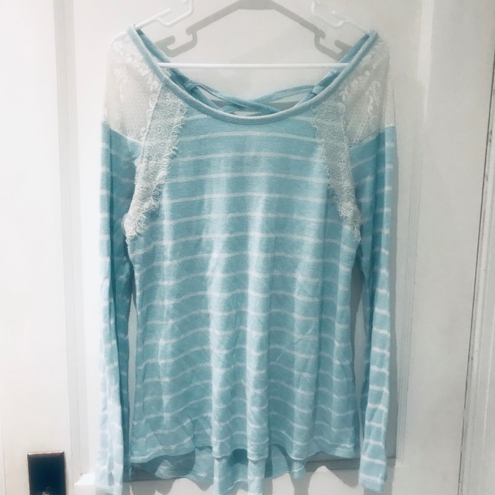 Super soft blue lace shoulder sweater
